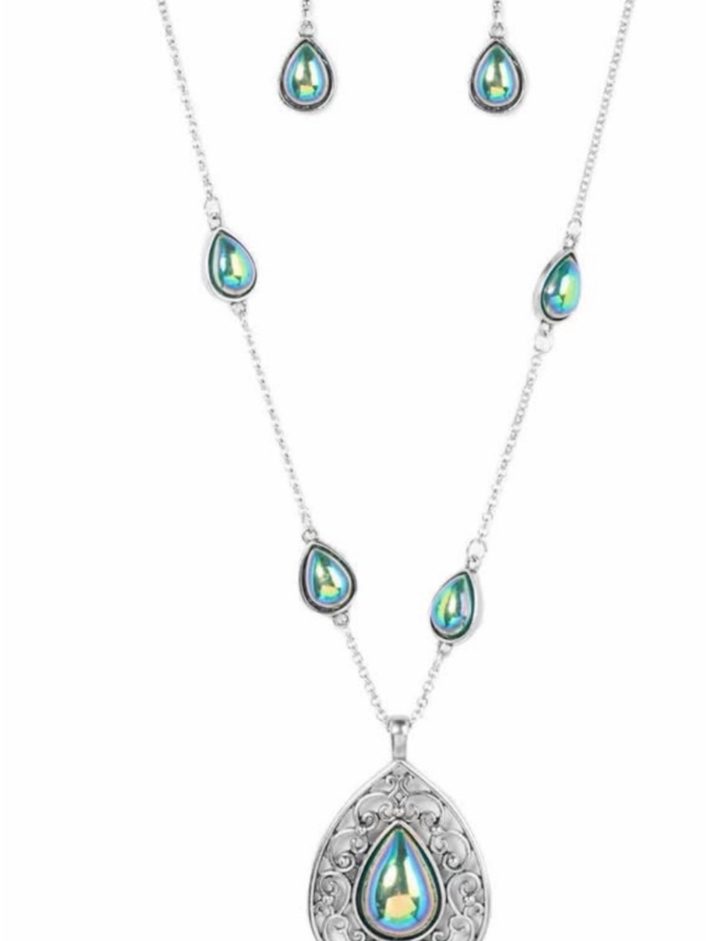 paparazzi Silver Teardrop Necklace Set with Iridescent Blue-Green Stones